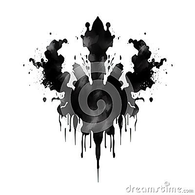 Black Rorschach inkblot with interesting shape on a white background. Stock Photo