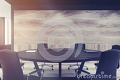 Black round conference room table close up toned Stock Photo