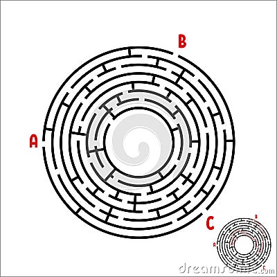 Black round maze. Game for kids. Children`s puzzle. Many entrances, one exit. Labyrinth conundrum. Simple flat vector illustratio Vector Illustration