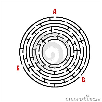 Black round maze. Game for kids. Children`s puzzle. Many entrances, one exit. Labyrinth conundrum. Simple flat vector illustratio Vector Illustration