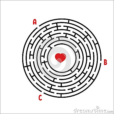 Black round maze. Game for kids. Children`s puzzle. Many entrances, one exit. Labyrinth conundrum. Simple flat vector illustratio Vector Illustration