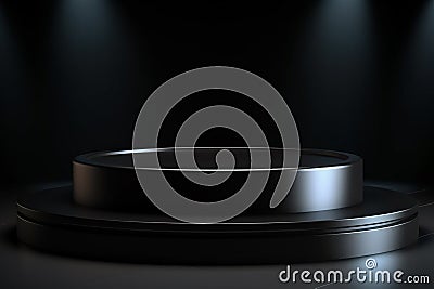Black round podium on black background. Mock up, 3D Rendering for product presentation Ai Generative Stock Photo