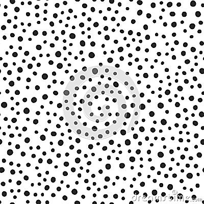 Black round spots scattered on white background. Seamless pattern. Irregular polka dot. Vector Illustration