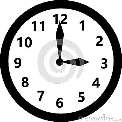 Black round wall clock isolated on white. Vector Illustration