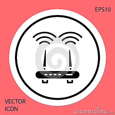 Black Router and wi-fi signal icon isolated on red background. Wireless ethernet modem router. Computer technology Vector Illustration