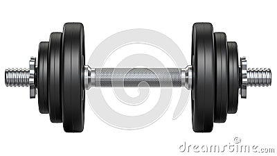 Black rubber metal Dumbbell orthogonal front view. 3d rendering illustration isolated on white background. Gym, fitness Cartoon Illustration