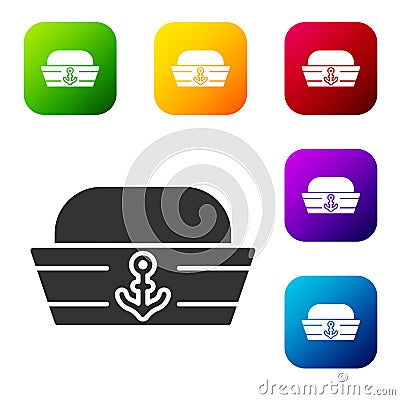 Black Sailor hat icon isolated on white background. Set icons in color square buttons. Vector Stock Photo