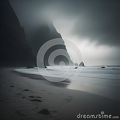 Black sand beach in Reynisfjara, Iceland. Long exposure. generative ai Stock Photo