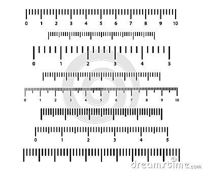 Black scale with numbers for rulers. Different units of measurement. Vector Cartoon Illustration