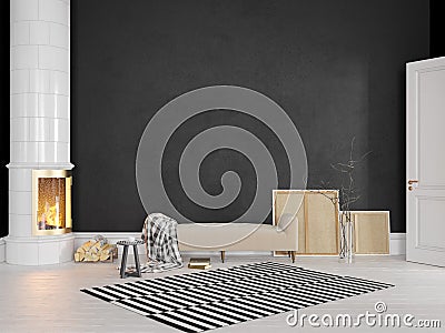 Black scandinavian, classic interior with couch, stove, fireplace, carpet. Cartoon Illustration