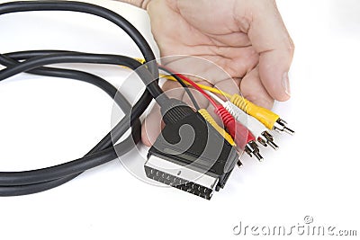 Black scart cable and cinch connectors on the white. Stock Photo