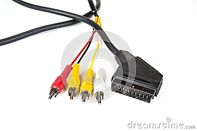 Black scart cable and cinch connectors on the white. Stock Photo