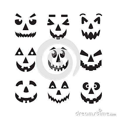 Black scary, cool and funny isolated Halloween pumpkin faces icons set on white Vector Illustration