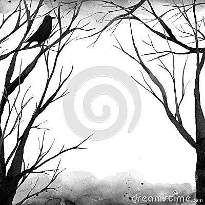 Black scary forest, bird on the tree watercolor illustration, background Cartoon Illustration