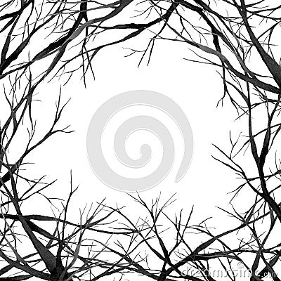 Black scary forest, large branches frame, watercolor illustration, background Cartoon Illustration
