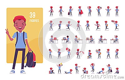 Black school boy character set Vector Illustration