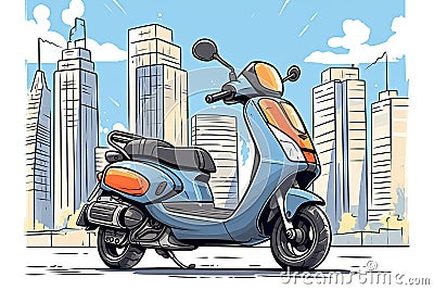 black scooter with city skyscrapers in the background Stock Photo