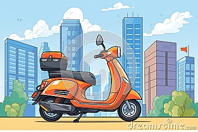 black scooter with city skyscrapers in the background Stock Photo