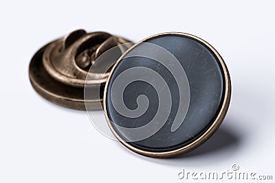 Black Scratched Blank Pin Buttons With Empty Space On White Background, 3d rendering. Stock Photo