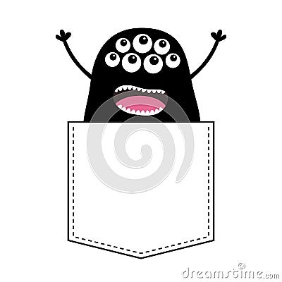 Black screaming monster silhouette in the pocket. Hands up. Cute cartoon scary funny character. Baby collection. T-shirt design. E Vector Illustration