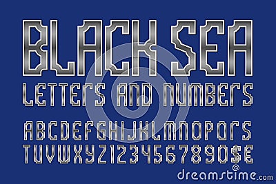 Black Sea letters and numbers with currency symbols. Gaming stylized monochrome font Vector Illustration