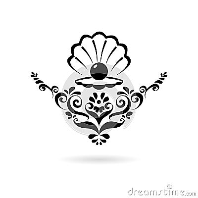 Black Sea Pearl in open shell, floral ornament icon or logo Vector Illustration