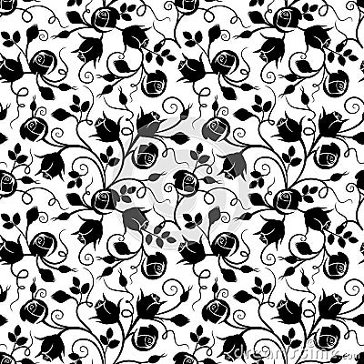 Black seamless floral pattern with rose buds on white. Vector illustration. Vector Illustration