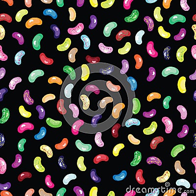 Black seamless jelly beans vector pattern. Sweet candy jelly beans background. Vector Illustration