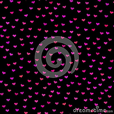 Black seamless pattern. Tiny red and pink hearts. Vector Illustration