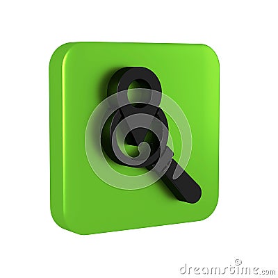 Black Search location icon isolated on transparent background. Magnifying glass with pointer sign. Green square button. Stock Photo