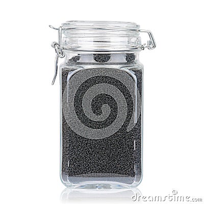 Laurel in jar, laurel for shop, laurel tea and laurel leaves grainsblack seed in jar, glass for donut for shop, black seed in jar Stock Photo