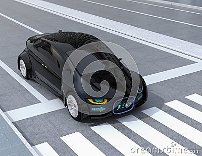 Self-driving car`s front grille showing digital signage for pedestrian Stock Photo