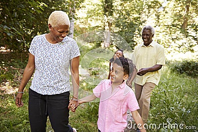 Black senior couple walking in forest with grandchildren Stock Photo