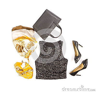 Black Sequence Tank Top with High Heel Shoes and Accessories #1 Stock Photo