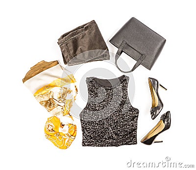 Black Sequence Tank Top, Velvet Pants, High Heel Shoes and Accessories Stock Photo