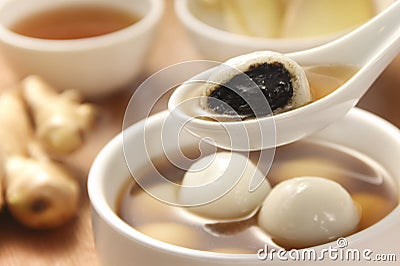 Black Sesame Dumpling in Sweet Ginger Tea. Stock Photo