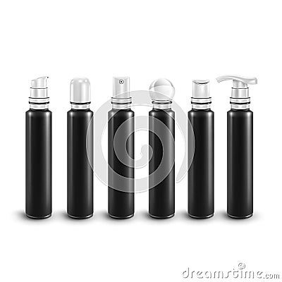 Black Set Plastic long mini vials with white Stock Photo