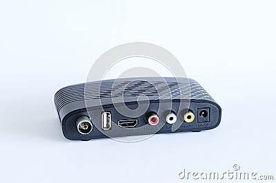Black set top box for digital television on a white background. Stock Photo