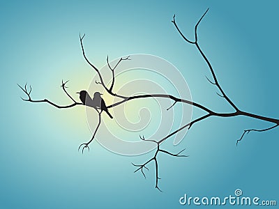 Black shadow bird and tree branch on blue sun light vector design Vector Illustration