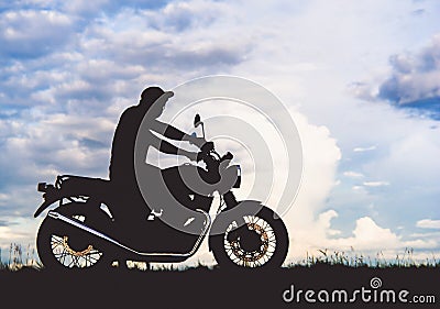 black shadow yong man and classic motorbike Stock Photo