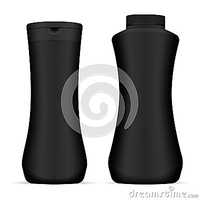 Black Shampoo Bottles Pack. Modern Shape Container Vector Illustration