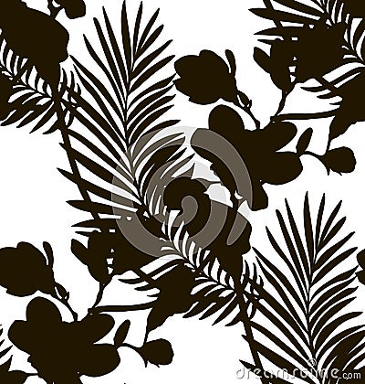 Black Shape Seamless Pattern with Drawn Flowers Plants Vector Illustration