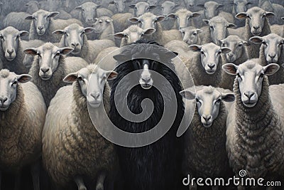 Black sheep in the middle of a flock of white sheep. Generative AI Stock Photo