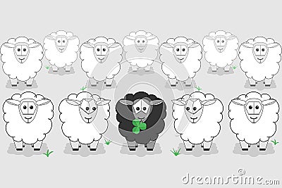 Black sheep surrounded by white sheep Vector Illustration