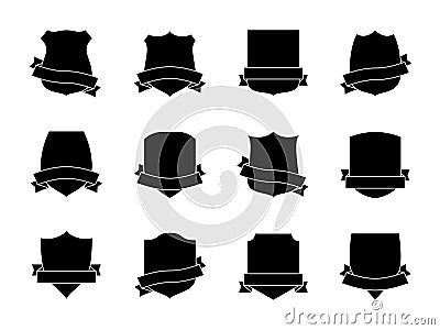 Black shield labels with ribbons. Heraldic royal blazon badges. Medieval insignia shields, pennants. Security signs Vector Illustration