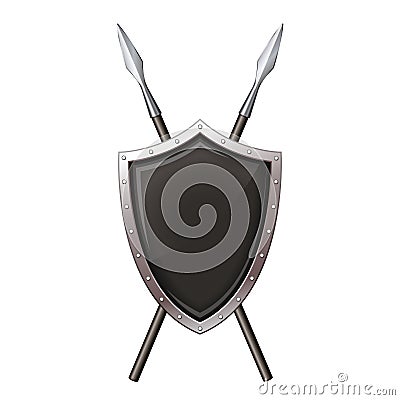 Black shield with steel frame and spear. Vector illustration Vector Illustration