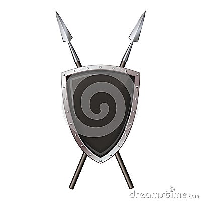 Black shield with steel frame and spear. Vector illustration Vector Illustration