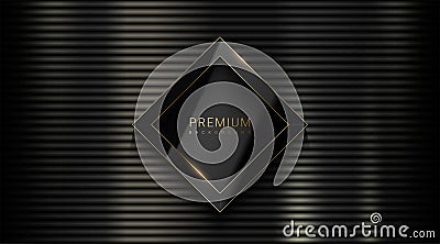 Black shiny metal horizontal straight line background with vector rhombus glossy luxury black and golden edge line logo frame. Vector Illustration