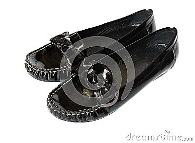 Black shiny moccasins isolated on white background Stock Photo