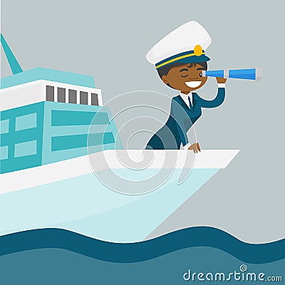 Black ship captain looking through a telescope Vector Illustration